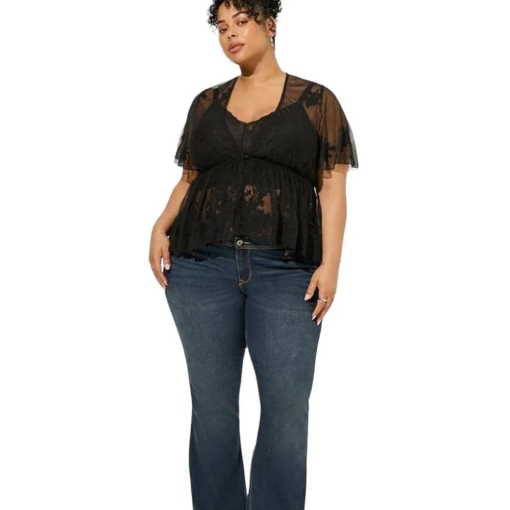 Torrid NWT Embroidered Mesh Peplum Kimono Black Size 6X Short Sleeve Cardigan